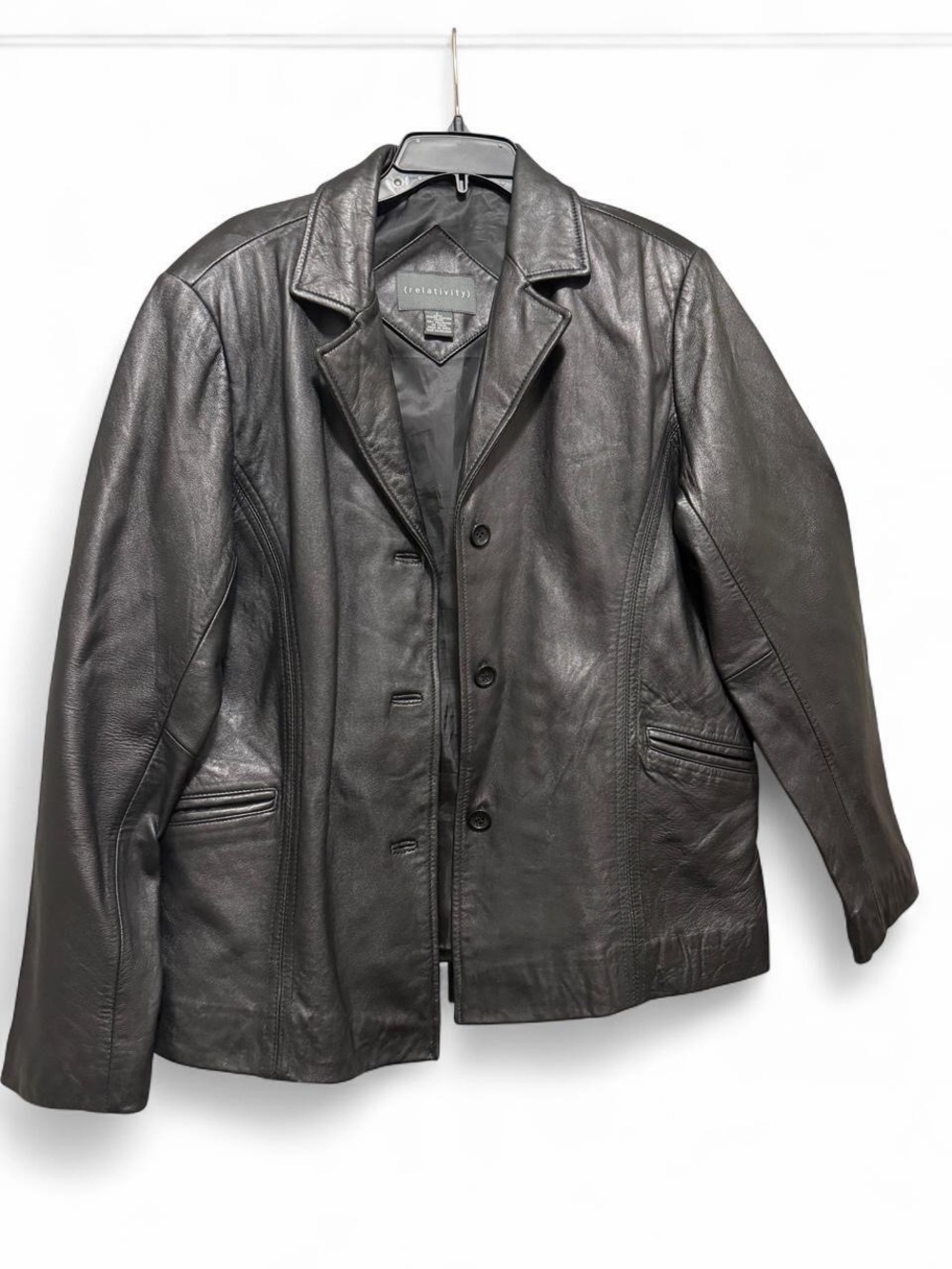 Relativity Black Leather Button-Up Blazer Jacket